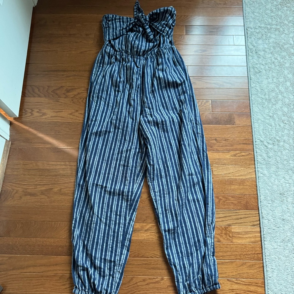 Aerie Navy and White Striped Strapless Jumpsuit